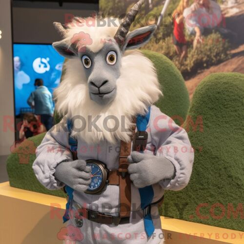 Personnage Mascotte Redbrokoly D Une Chèvre Angora Grise Habillée D Une Chemise Chambray Et De Montres Digitales