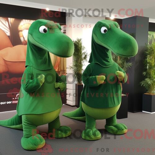 Costume De Mascotte Redbrokoly De Diplodocus Vert Forêt Personnage Habillé Avec Une Jupe Portefeuille Et Des Bonnets