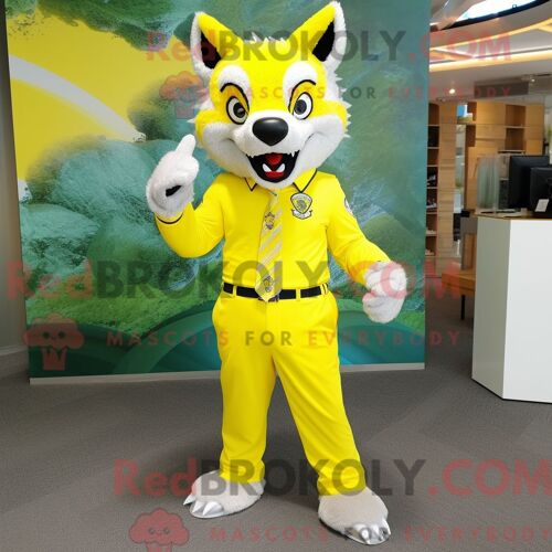 Costume De Mascotte Redbrokoly De Loup Jaune Citron Habillé Avec Un Pantalon De Costume Et Des Ceintures