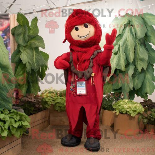 Personnage Mascotte Redbrokoly D Épinard Rouge Habillé D Une Salopette Et De Colliers