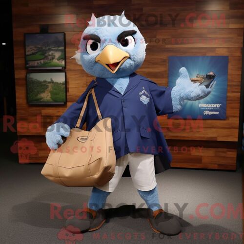 Personnage Mascotte Redbrokoly D Un Faucon Bleu Habillé D Une Chemise Oxford Et De Sacs Fourre-Tout