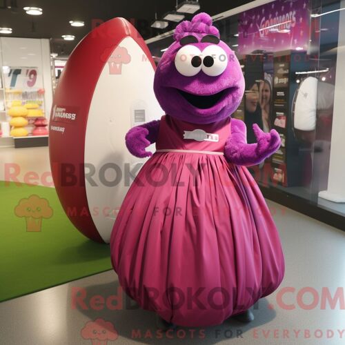 Personnage Mascotte Redbrokoly D Un Ballon De Rugby Magenta Habillé D Une Robe De Soirée Et De Pochettes