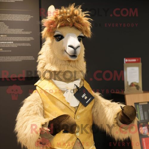 Personnage Mascotte Redbrokoly D Un Lama Doré Habillé D Un Gilet Et De Pinces À Cheveux