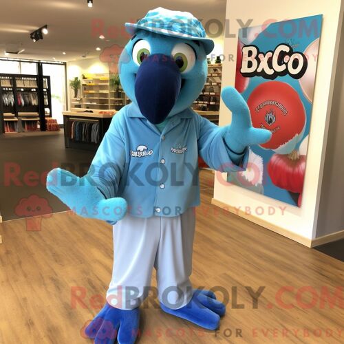 Costume De Mascotte Redbrokoly D Ara Bleu Ciel Personnage Habillé Avec Une Chemise Oxford Et Des Mitaines