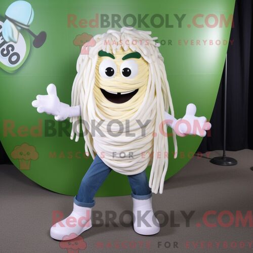 Personnage Mascotte Redbrokoly D Un Pâtes Au Pesto Blanc Habillé D Un Jeans Et De Bagues