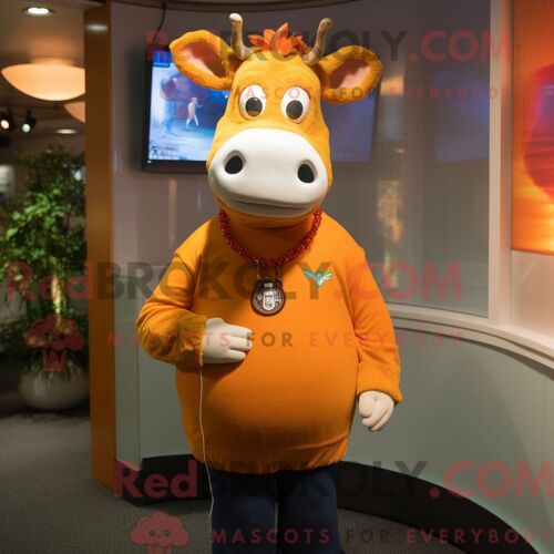 Mascotte Redbrokoly De Vache En Jersey Orange Personnage Habillé Avec Un Pull Et Des Colliers