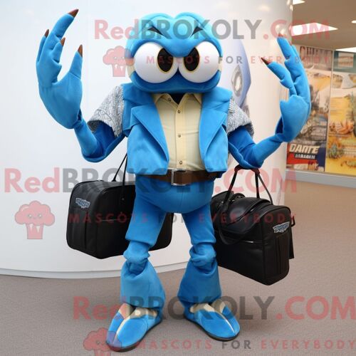 Personnage Mascotte Redbrokoly De Crabe Bleu Habillé Avec Une Veste De Moto Et Des Porte-Documents