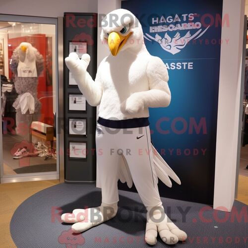 Costume Mascotte Redbrokoly D Aigle De Haast Blanc Personnage Habillé Avec Un Pantalon De Yoga Et Des Boutons De Manchette
