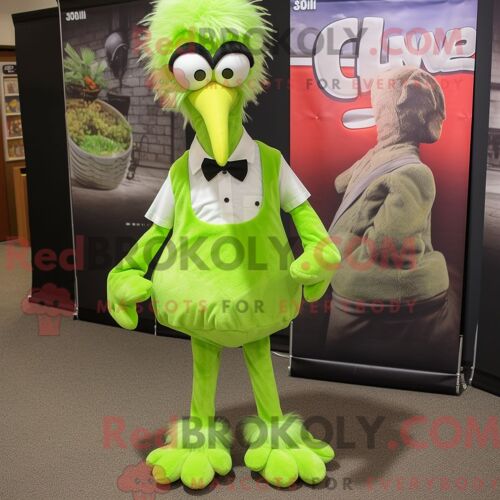 Costume De Mascotte Redbrokoly D Émeu Vert Citron Habillé D Une Chemise En Popeline Et De Noeuds Papillons