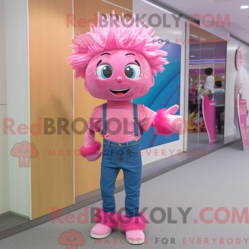 Costume De Mascotte Redbrokoly De Personnage Rose Mais Habillé Avec Un Jean Skinny Et Des Bandeaux