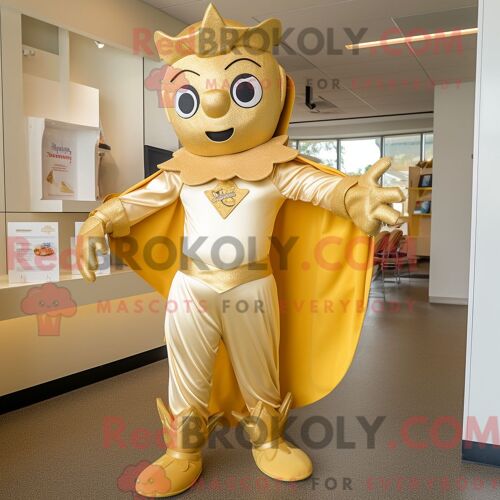 Costume De Mascotte Redbrokoly De Super-Héros Doré Personnage Habillé Avec Une Jupe Et Des Casquettes