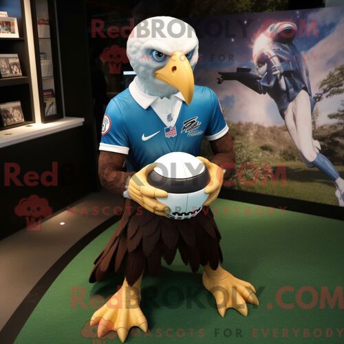 Costume De Mascotte Redbrokoly De Pygargue À Tête Blanche Bleu Habillé D Une Chemise De Rugby Et De Colliers