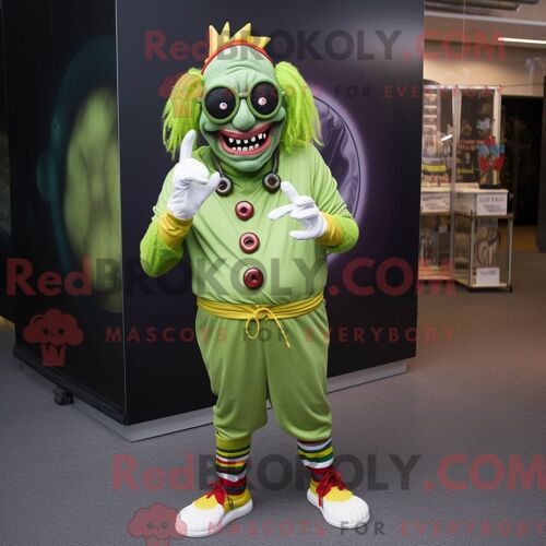 Costume De Mascotte Redbrokoly De Clown Maléfique D Olive Habillé Avec Un Pantalon De Jogging Et Des Lunettes De Soleil