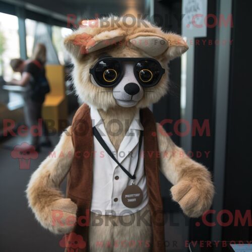 Mascotte Redbrokoly De Lémurien Beige Costume De Personnage Habillé D Un Cardigan Et D Épingles À Cravate