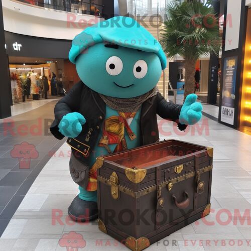 Costume De Mascotte Redbrokoly De Coffre Au Trésor Turquoise Habillé D Une Veste En Cuir Et De Pochettes De Costume