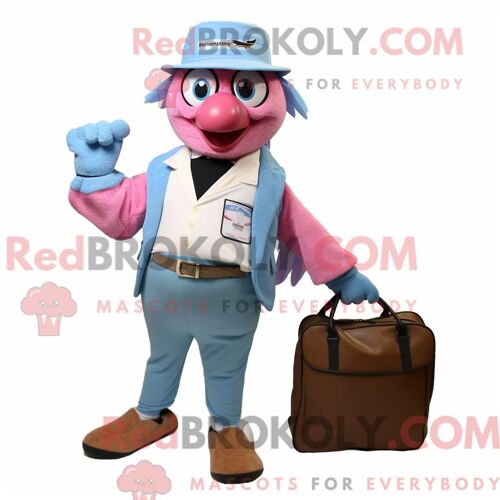Personnage De Costume De Mascotte Redbrokoly De Geai Bleu Rose Habillé Avec Un Pantalon Et Des Porte-Documents En Velours Côtelé