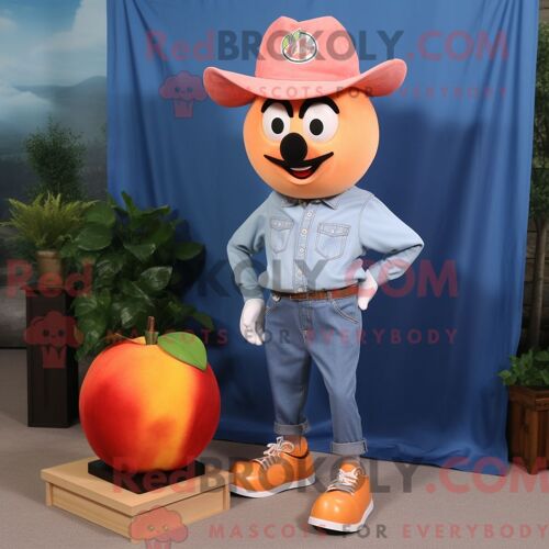 Costume De Mascotte Redbrokoly De Peach Plum Habillé D Une Chemise En Chambray Et De Pinces À Chaussures