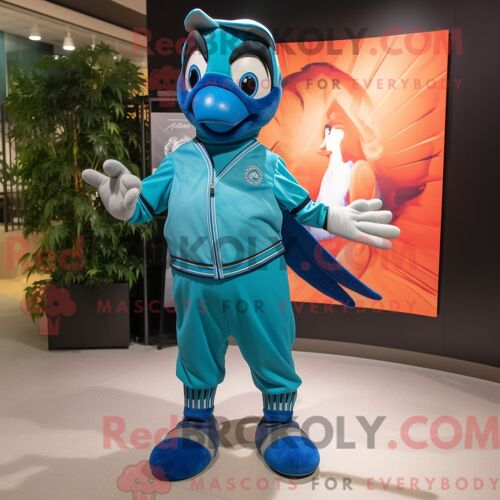 Costume De Mascotte Redbrokoly De Geai Bleu Turquoise Habillé D Un Blouson Aviateur Et De Coussinets De Pieds