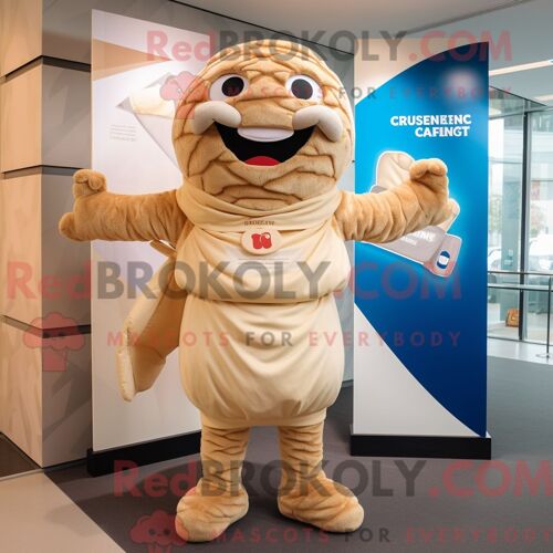 Costume De Mascotte Redbrokoly De Croissant Beige Habillé D Un T-Shirt Graphique Et De Ceintures De Smoking
