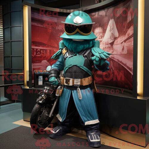 Costume De Mascotte Redbrokoly De Samouraï Bleu Sarcelle Habillé Avec Une Veste De Moto Et Des Chapeaux