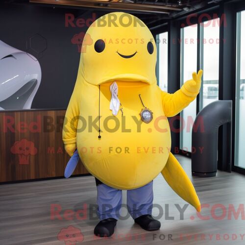 Costume Mascotte Redbrokoly De Narval Jaune Personnage Habillé D Un Jean Bootcut Et De Boutons De Manchette