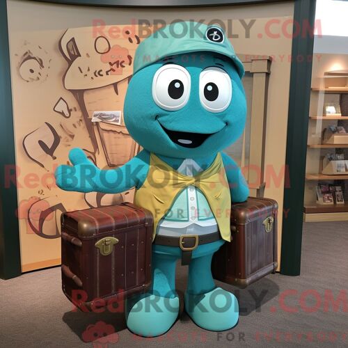 Costume De Mascotte Redbrokoly De Coffre Au Trésor Bleu Sarcelle Habillé D Un Cardigan Et De Sacs Fourre-Tout