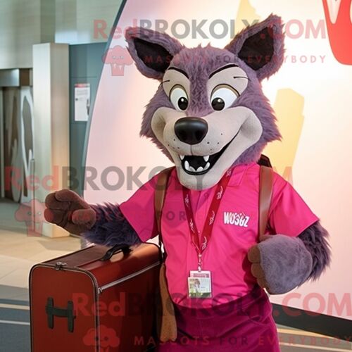 Costume De Mascotte Redbrokoly De Loup Magenta Habillé Avec Une Chemise Boutonnée Et Des Porte-Documents