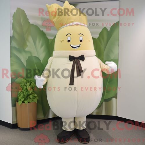 Costume Mascotte Redbrokoly De Navet Crème Personnage Habillé Avec Une Veste Et Des Ceintures