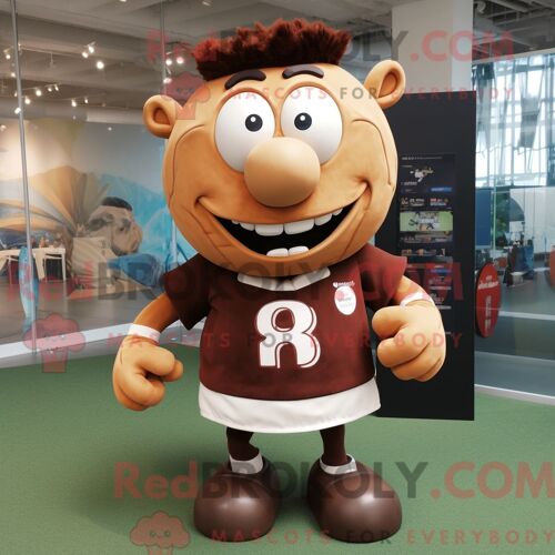 Costume Mascotte Redbrokoly De Sablier Marron Personnage Habillé Avec Une Chemise De Rugby Et Des Boucles D Oreilles