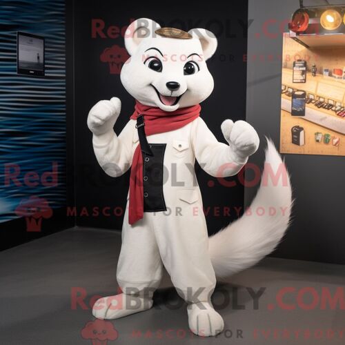 Costume Mascotte Redbrokoly De Belette Blanche Personnage Habillé Avec Un Pantalon Habillé Et Des Mitaines