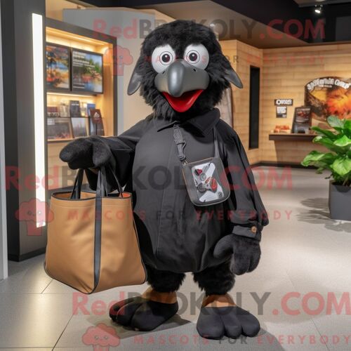 Personnage De Costume De Mascotte Redbrokoly De Poulet Noir Habillé D Un Blouson Aviateur Et De Sacs Fourre-Tout