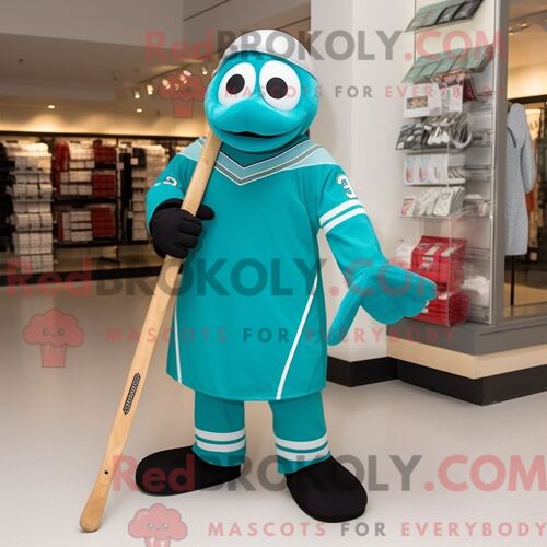 Personnage De Costume De Mascotte Redbrokoly De Bâton De Hockey Sur Glace Bleu Sarcelle Habillé Avec Une Robe Fourreau Et Des Sacs Fourre-T
