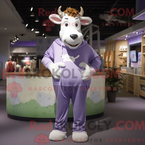 Personnage De Costume De Mascotte Redbrokoly De Vache De Guernesey Lavande Habillé Avec Un Pantalon De Jogging Et Un Porte-Monnaie