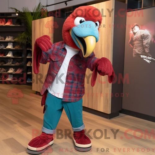 Personnage De Costume De Mascotte Redbrokoly D Ara Marron Habillé Avec Une Chemise En Flanelle Et Des Lacets De Chaussures