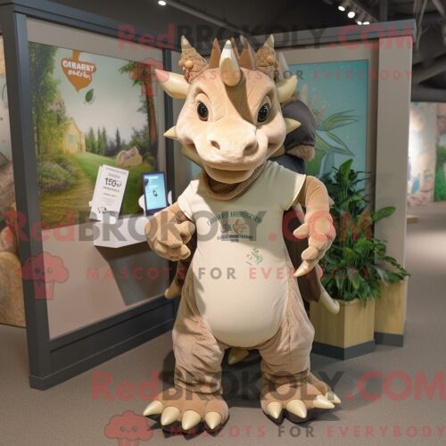 Costume Mascotte Redbrokoly De Triceratops Beige Personnage Habillé Avec Un T-Shirt Henley Et Des Pinces À Chaussures