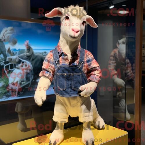Costume Mascotte Redbrokoly De Chèvre Crème Personnage Habillé D Un Short En Jean Et De Clips Pour Écharpe