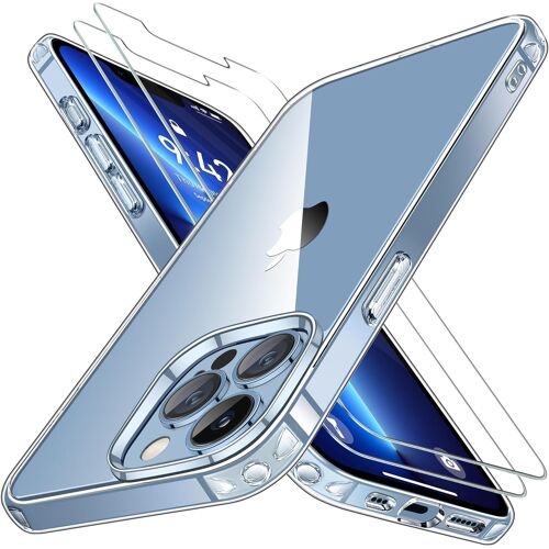 Coque Iphone 13 Pro Max Transparent Avec 2 Verre Trempé, Anti-Jaunissement Dur Pc Housse Anti-Rayures Protection Case Antichoc Coque Avec Bumper Tpu Coque Iphone 13 Pro Max - Transparent