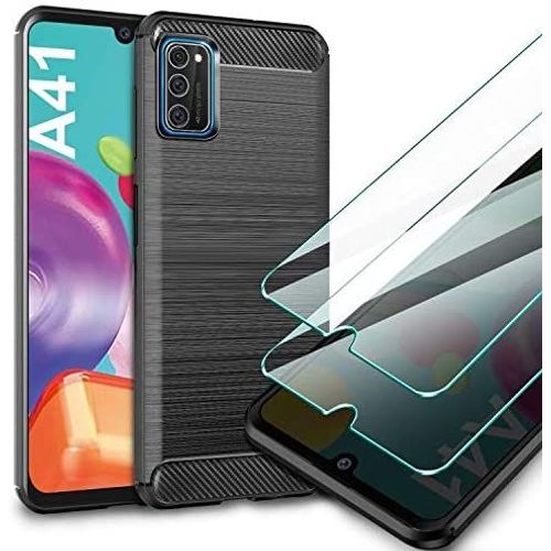 Coque Samsung Galaxy A41&samsung Galaxy A41 Verre Trempé Écran Protecteur,Coque Samsung Galaxy A41 Silicone Tpu Bumper Etui Housse+Film Protection Coque Pour Samsung Galaxy A41-Noir