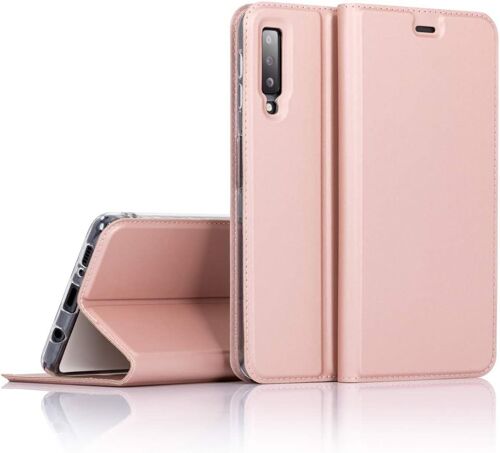 Coque Flip-Case Pour Samsung Galaxy A7 2018, Fine Magnétique Housse Protection Avant & Arrière Cover Etui En Cuir Synthétique Slim Anti-Choc Bumper Rigide Mince, Couleur:Rose Gold Or