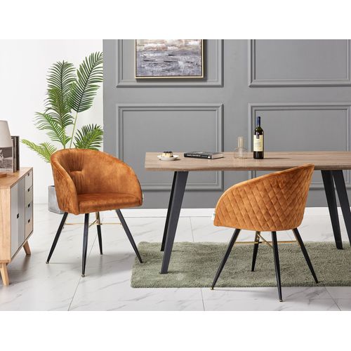 Eva - Lot De 2 Fauteuils Chaises De Salle À Manger - Finition Tissu Velours Marron - Pieds Noir Et Dorés - Style Scandinave