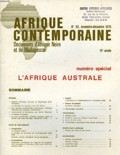 Afrique Contemporaine, N° 82, Nov.-Dec. 1975, Documents D'afrique Noire Et De Madagascar, N° Special, L'afrique Australe