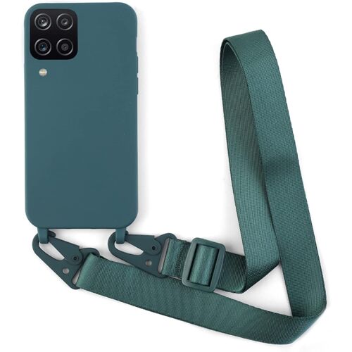 KAL-Coque Avec Collier Compatible Avec Samsung Galaxy A12 5G,Tour De Cou Lanière En Corde Pendentif Housse Silicone Souple Case,Vert Foncé