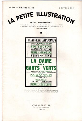 La Petite Illustration - N° 709 - Théatre N° 363 - 2 Février 1935 - La Dame Aux Gants Verts - René Fauchois