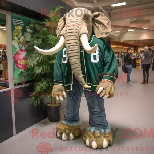 Costume De Mascotte Redbrokoly De Mammouth Vert Forêt Personnage Habillé Avec Un Short En Jean Et Des Lacets De Chaussures