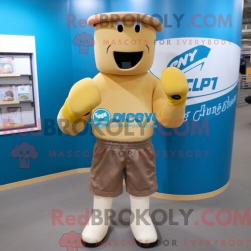 Costume Mascotte Redbrokoly De Gant De Boxe Beige Habillé D Un Short Cargo Et De Clips Pour Écharpe
