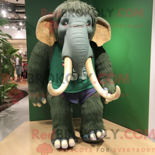 Costume De Mascotte Redbrokoly De Mammouth Vert Forêt Personnage Habillé Avec Un Short En Jean Et Des Lacets De Chaussures