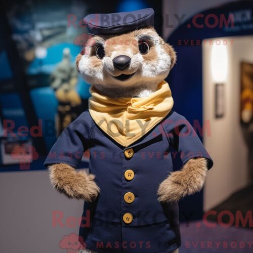 Costume Mascotte Redbrokoly De Suricate Bleu Marine Personnage Habillé Avec Un Gilet Et Des Écharpes