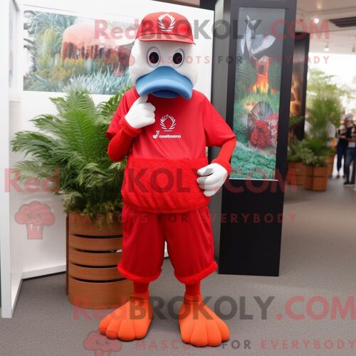 Costume Mascotte Redbrokoly De Cygnes Rouges Habillé D Un Bermuda Et D Un Bonnet