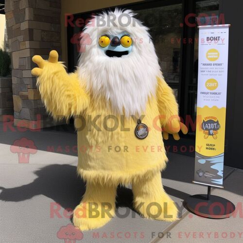 Costume De Mascotte Redbrokoly De Yéti Jaune Citron Personnage Habillé Avec Un Jean Évasé Et Des Épingles De Châle