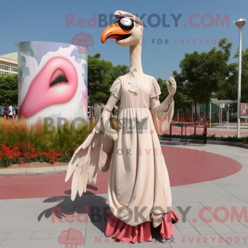 Costume Mascotte Redbrokoly De Flamant Beige Habillé D Une Robe Longue Et De Bagues